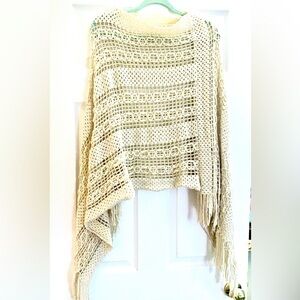 Open-Knit Fringe Poncho Sweater - Cream
